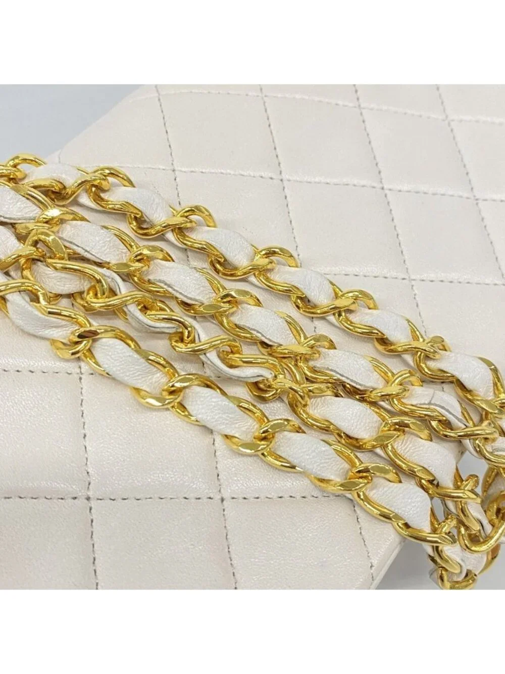 Chanel Shoulder Bag Quilted Lambskin White Gold
